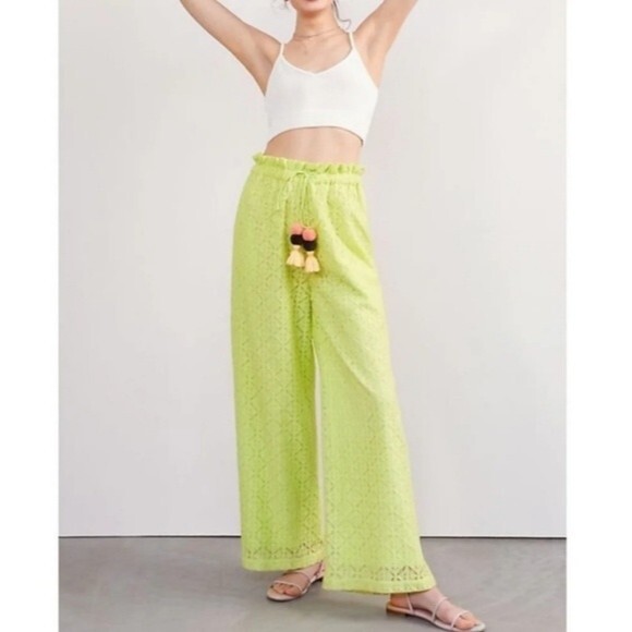 Anthropologie Ollari Lace Wide Leg Pants with Pom Pom Tassel Drawstring Waist - Picture 1 of 13